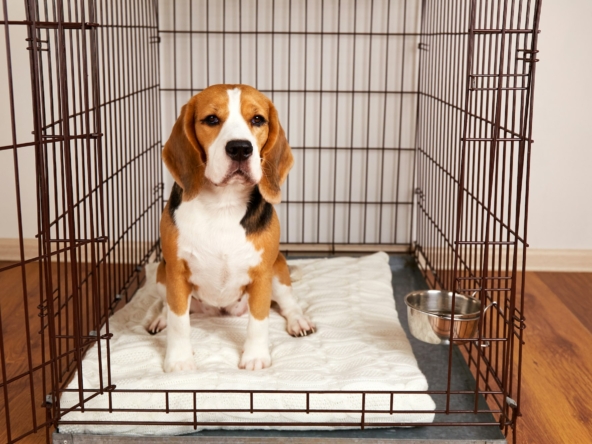 The dog is sitting in a cage. Wire box for keeping pets
