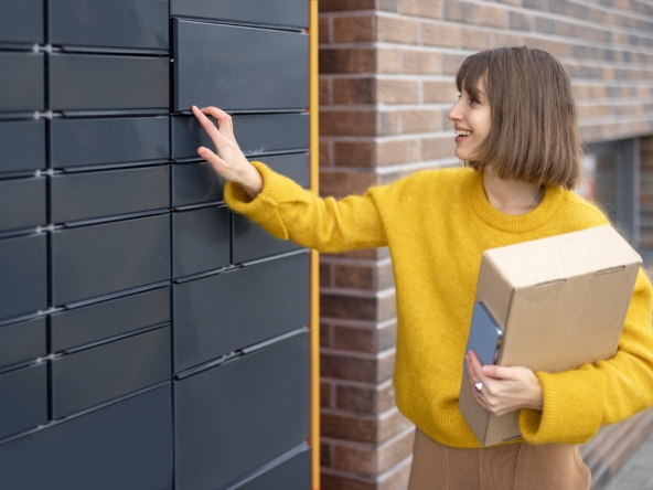 Woman getting parcel from cell of automatic post terminal outdoors